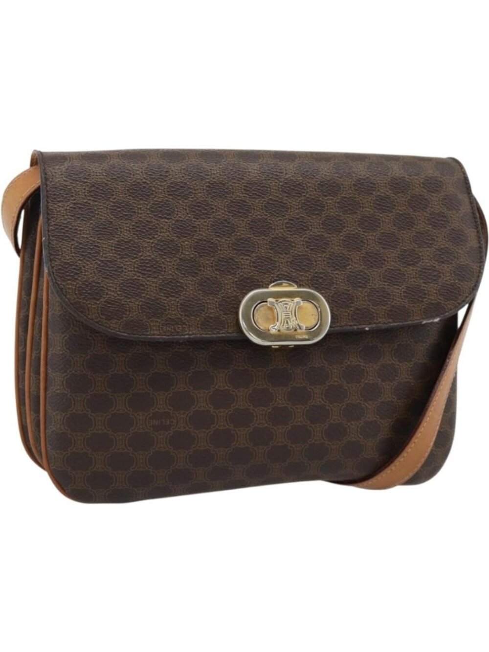 CELINE Macadam Shoulder Bag PVC Leather Brown Gold Tone